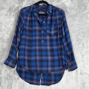 By Anthropologie  Womens Shirts Blue Plaid Henley Flannel Button Back Small